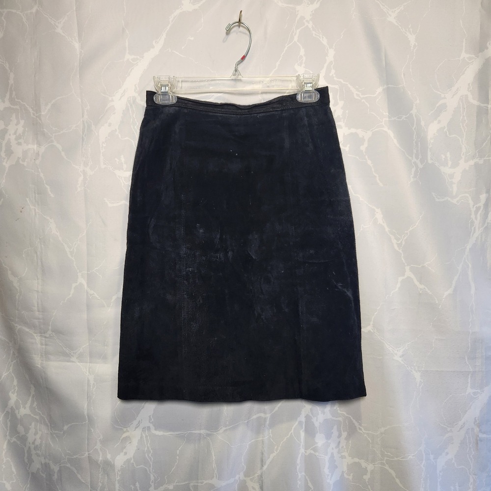 Extravaganza Suede Leather Pencil Skirt Women's 9/10 Black Zipper Back Slit‎